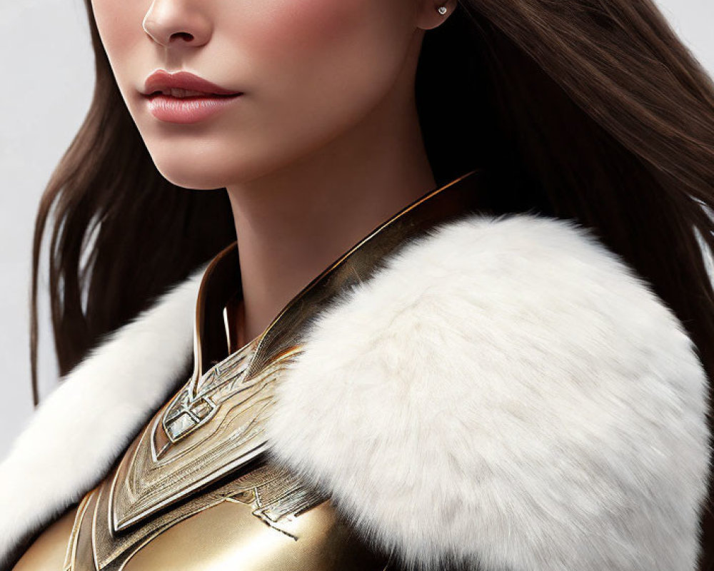 Portrait of woman with blue eyes & brunette hair in golden armor.