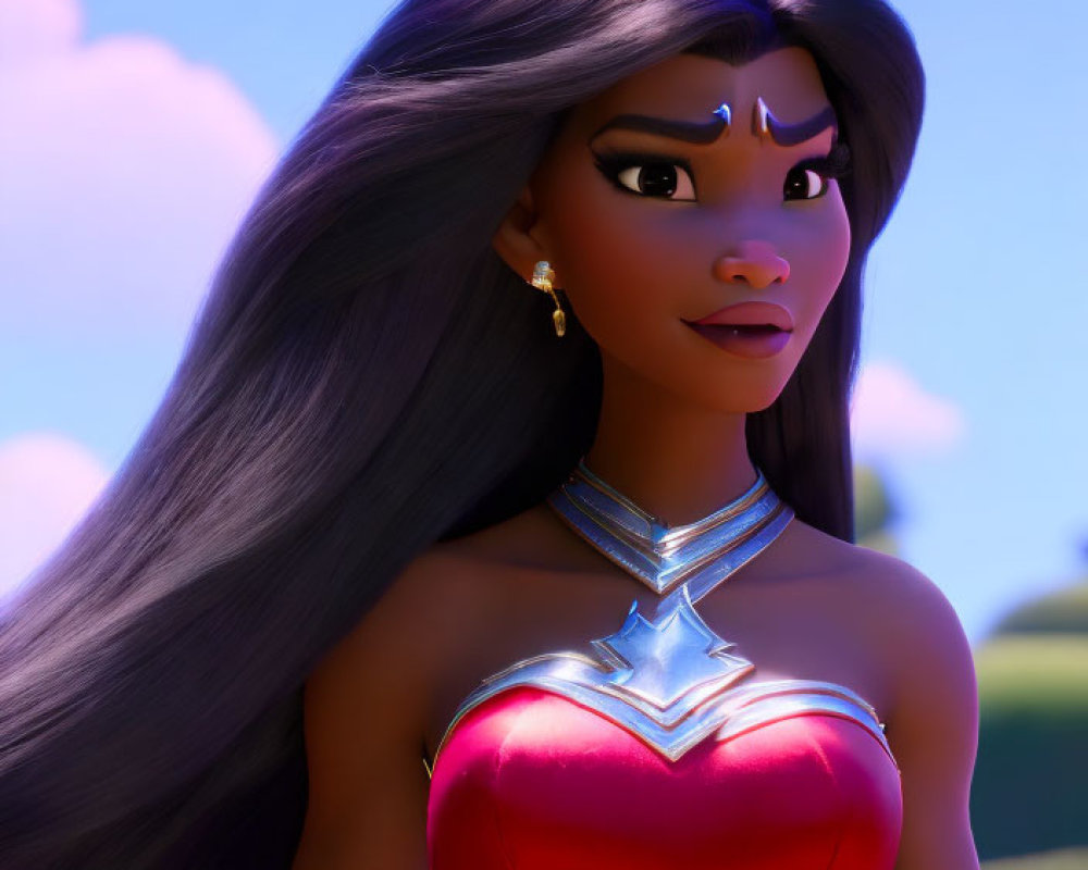 Animated character with long flowing hair, red top, blue gem necklace, and golden earrings in sunny outdoor