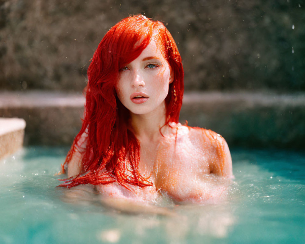 Vibrant red-haired person in blue water with droplets