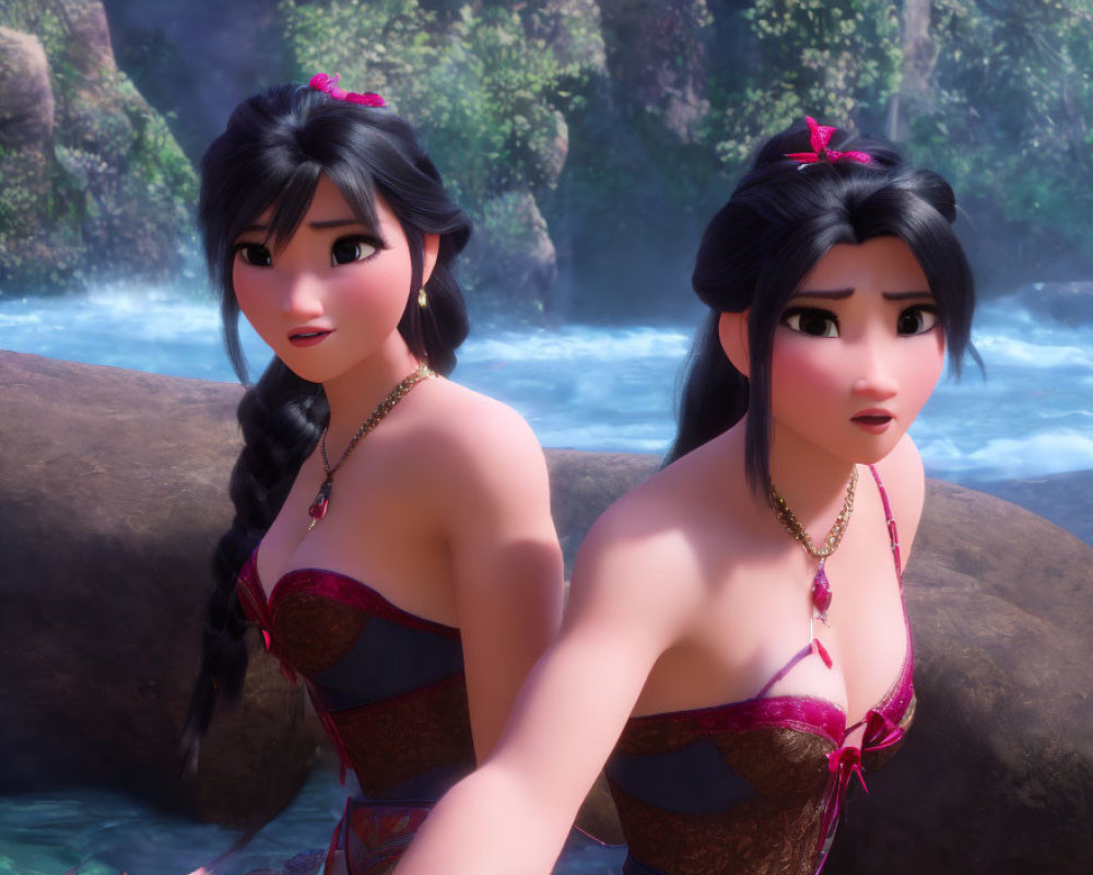 Two animated female characters in purple dresses by a river with a forest backdrop