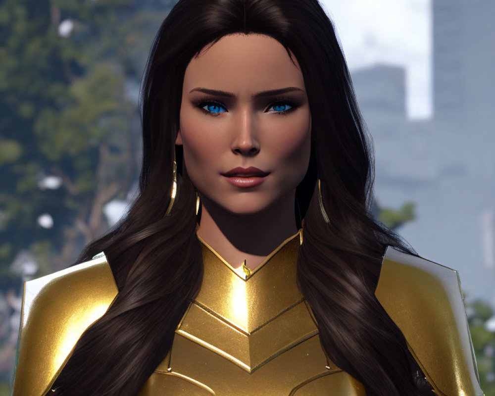 Digital portrait: Woman with blue eyes, brunette hair, gold armor, futuristic design.