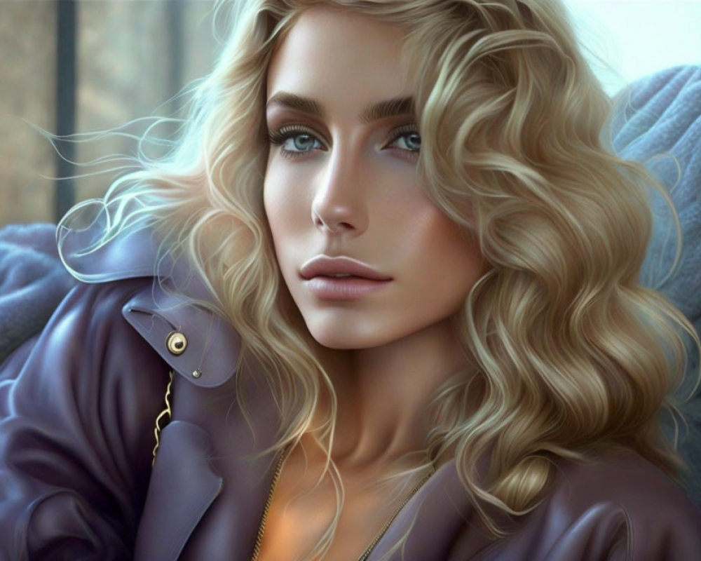 Blonde Curly-Haired Woman in Purple Jacket with Blue Eyes