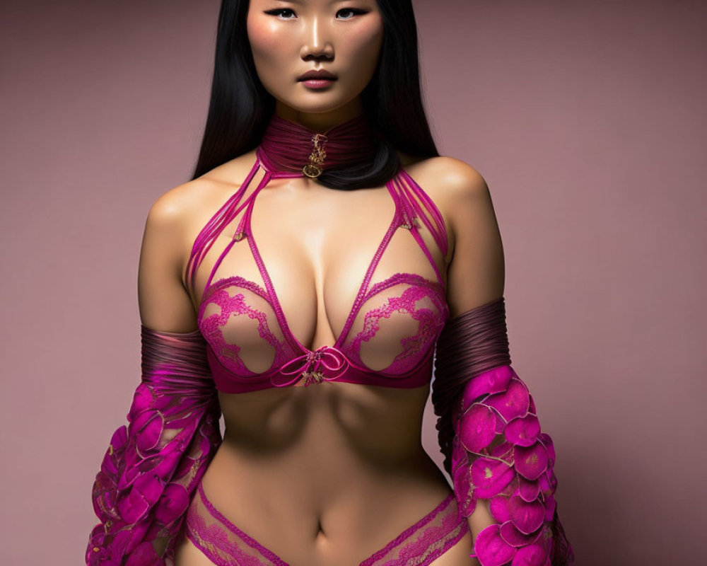 Digital artwork: Woman in magenta lingerie with choker and arm accessories on pink backdrop