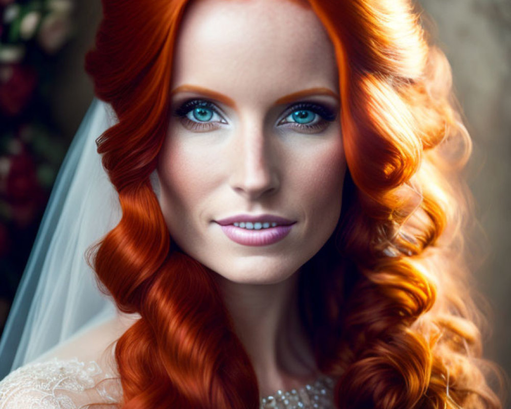 Vibrant red-haired woman in white bridal gown with tiara and veil gazes directly.