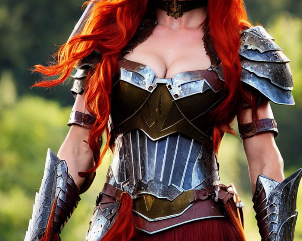 Serious woman with vivid red hair in fantasy armor outdoors