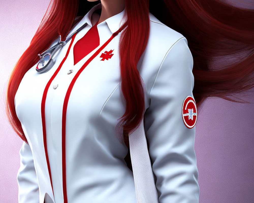 3D-rendered image of woman with long red hair in medical coat