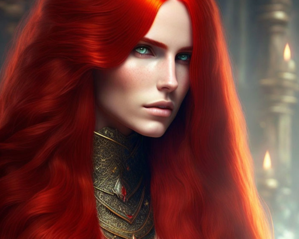 Vibrant red hair woman in gold armor in mystical setting