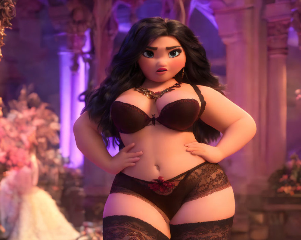 Curvy animated character in lingerie with long hair in floral room