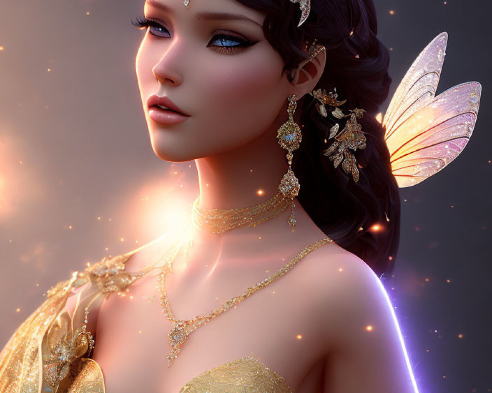 Digital artwork: Fairy with luminous wings, golden jewelry, and crown in twilight setting.