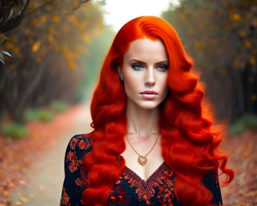 Woman with vibrant red hair and blue eyes in autumn forest wearing dark floral blouse.