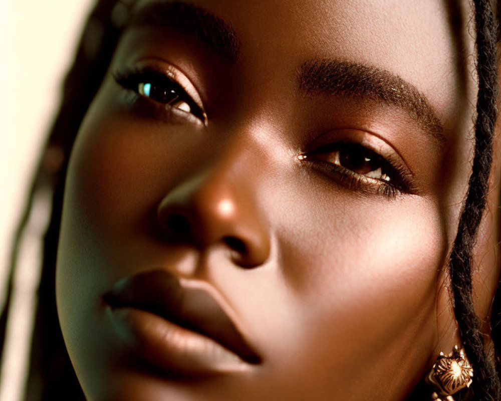 Woman with braided hair and glowing skin in warm lighting, wearing round earrings