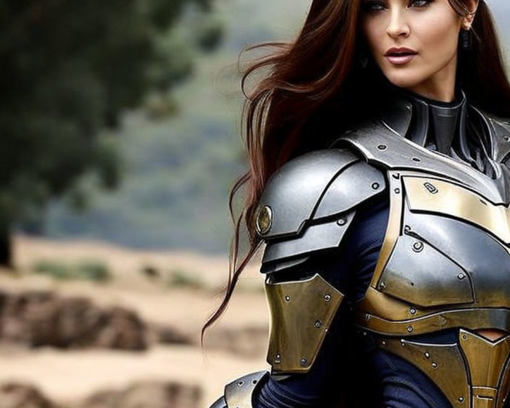 Long-haired woman in silver and gold armor with sword in blurred landscape