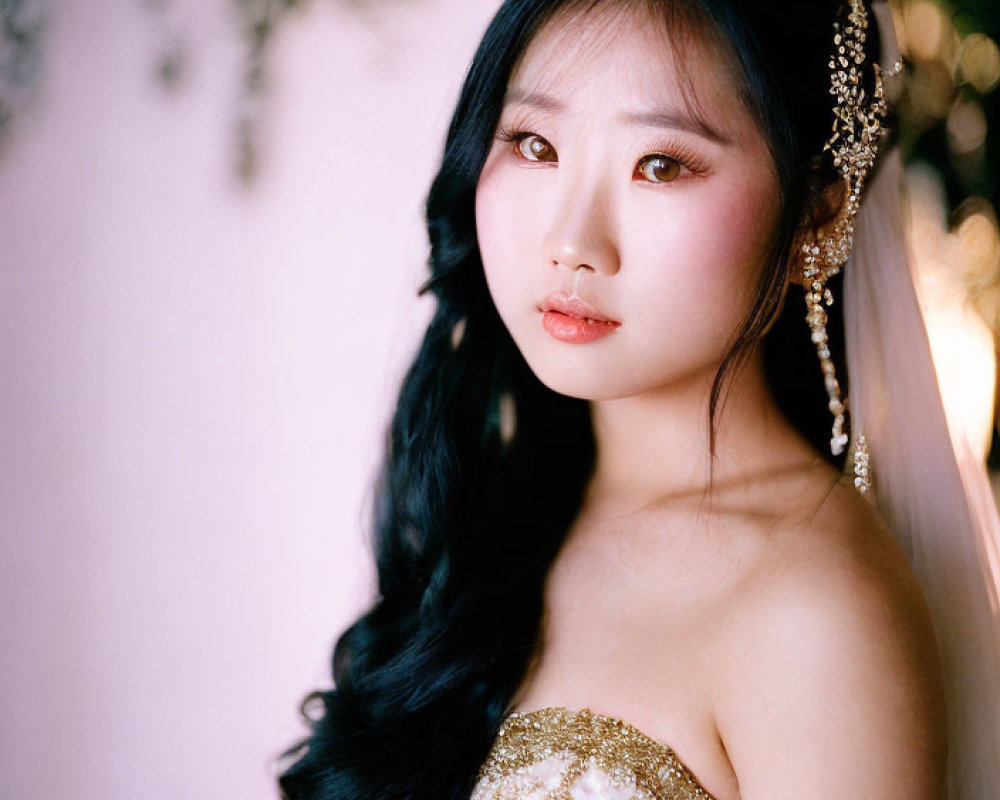 Bridal woman in jeweled headpiece and gold bodice against greenery backdrop