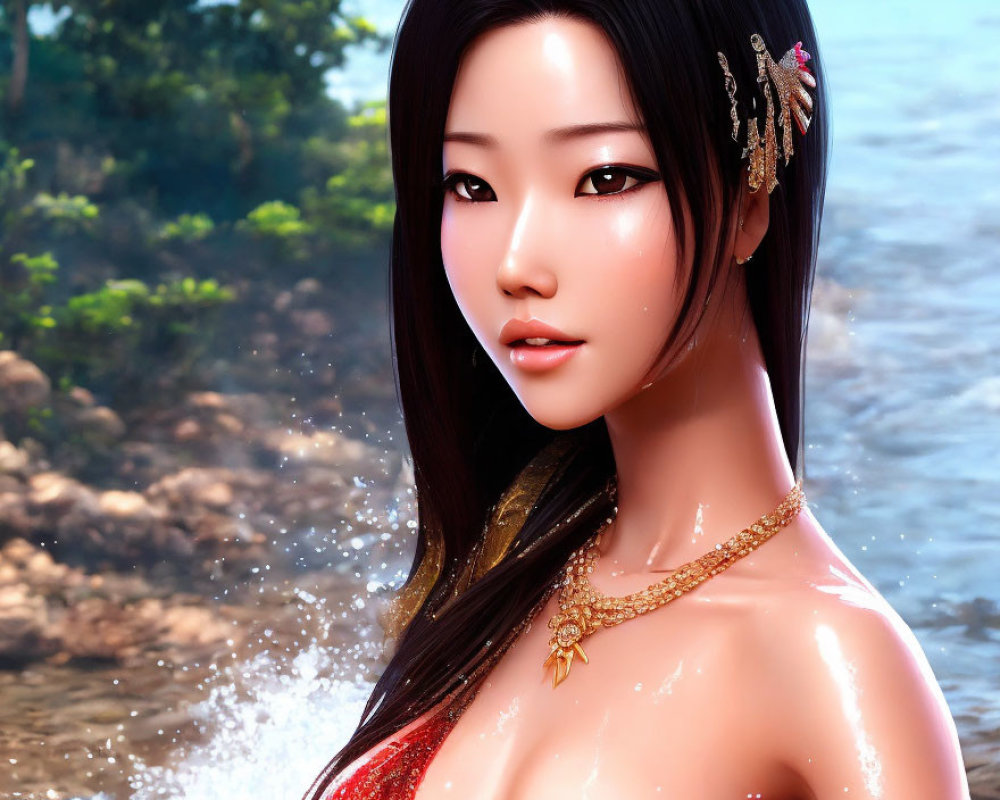 Digital artwork of Asian woman with flowers in hair, red garment, gold jewelry, by water.