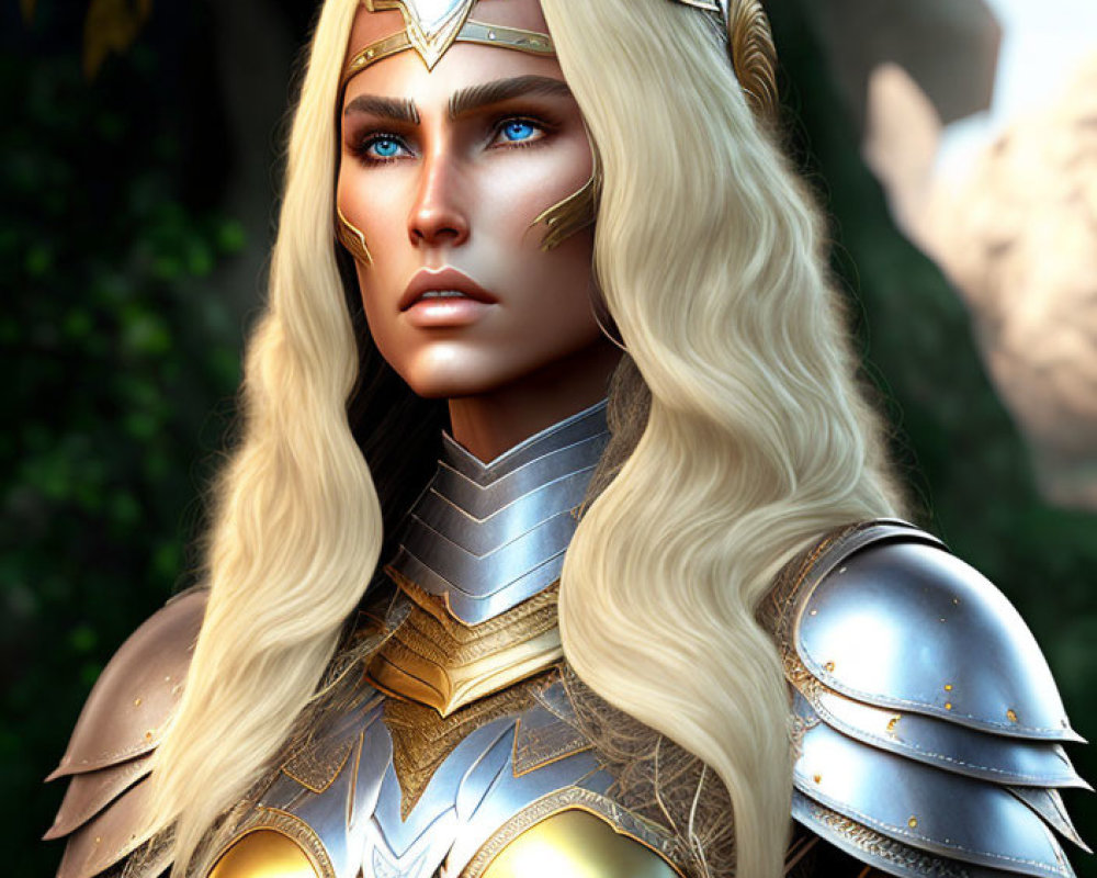 Blonde-haired fantasy warrior in golden armor with blue eyes and circlet