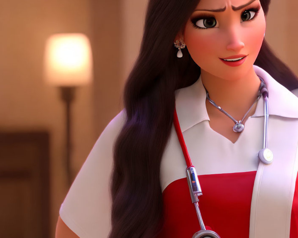 Animated Female Character with Long Brown Hair and Medical Stethoscope in White and Red Outfit