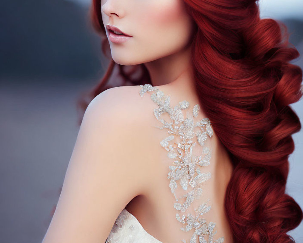 Red-haired woman in white dress with side braid and hair accessory