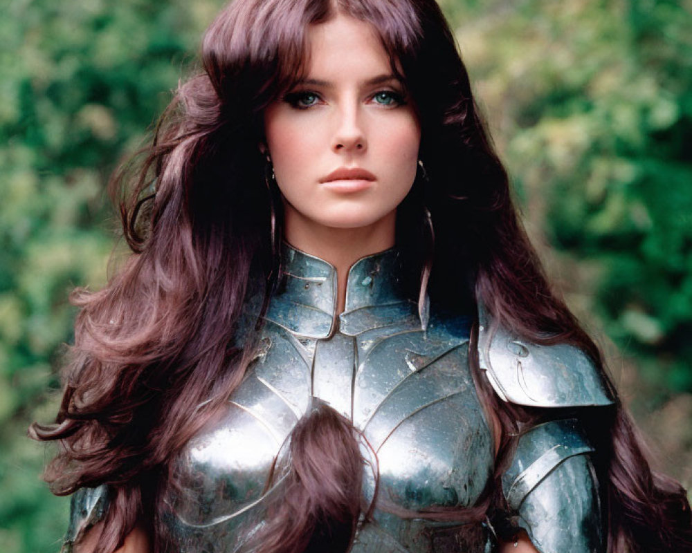 Brown-haired woman in metallic armor amid green foliage