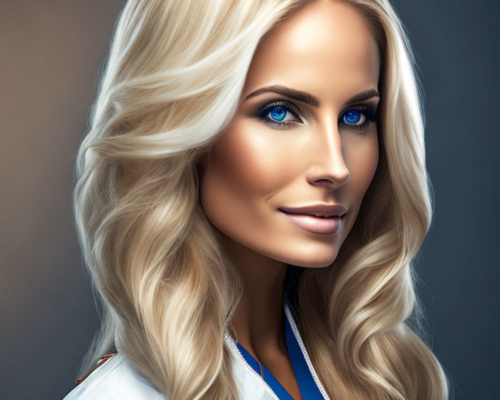 Portrait of Woman with Long Blonde Hair and Blue Eyes in White Jacket