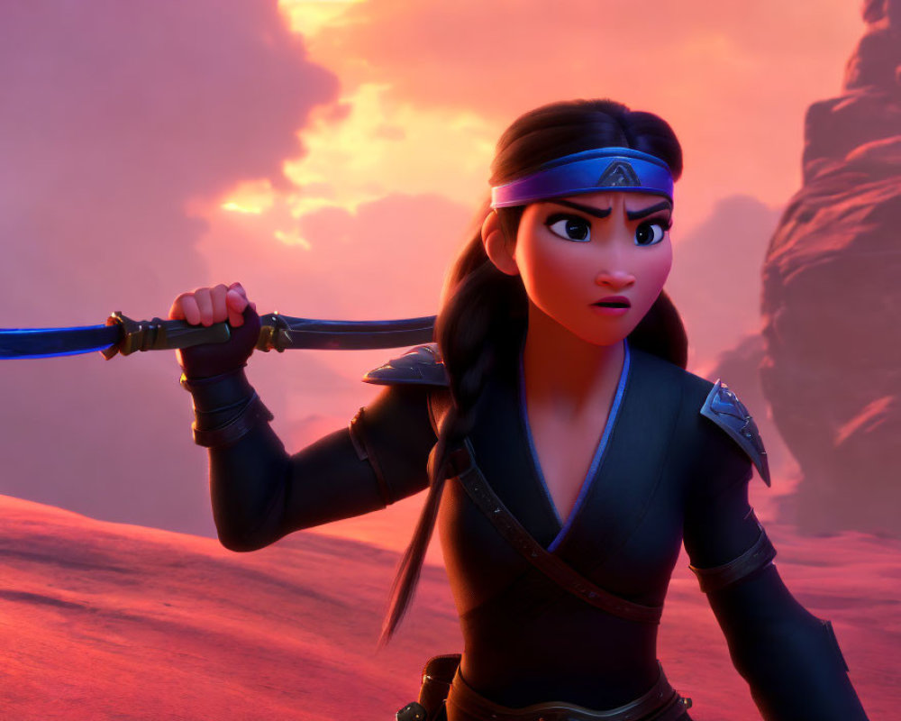 Female warrior holding sword against dramatic sunset.