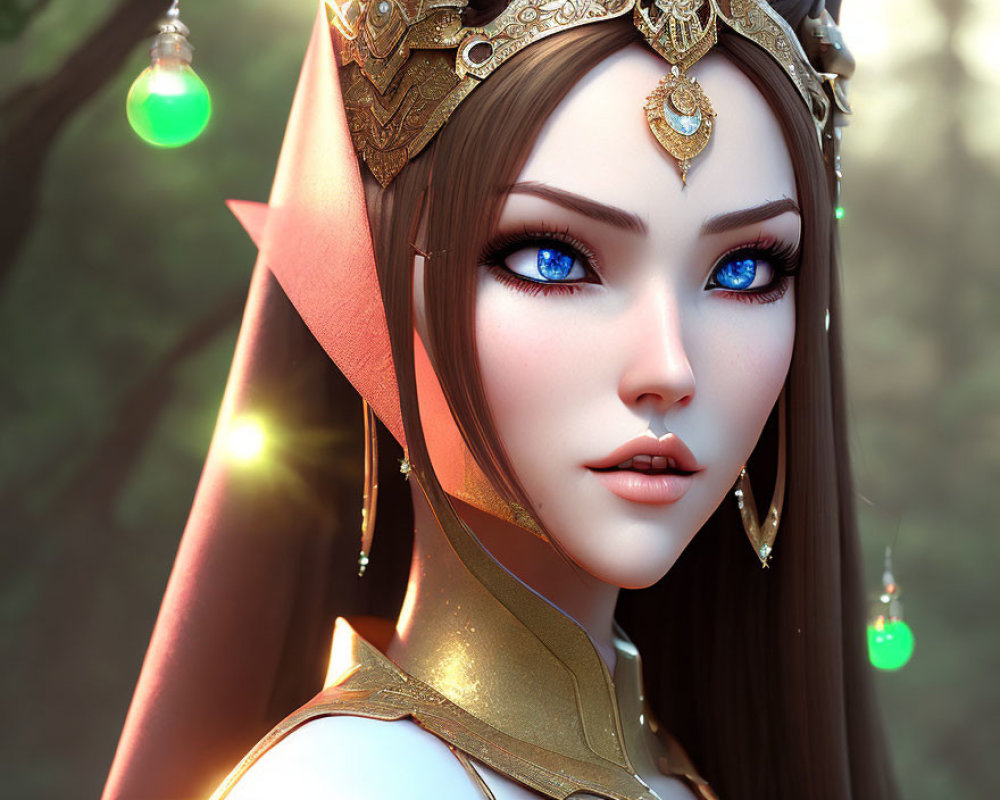 Fantasy elf woman digital artwork with blue eyes and golden crown