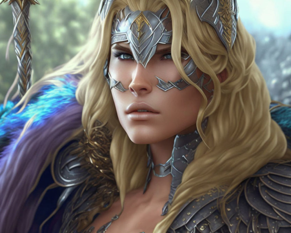 Fantasy female warrior with blonde hair in silver armor and blue cloak in forest.