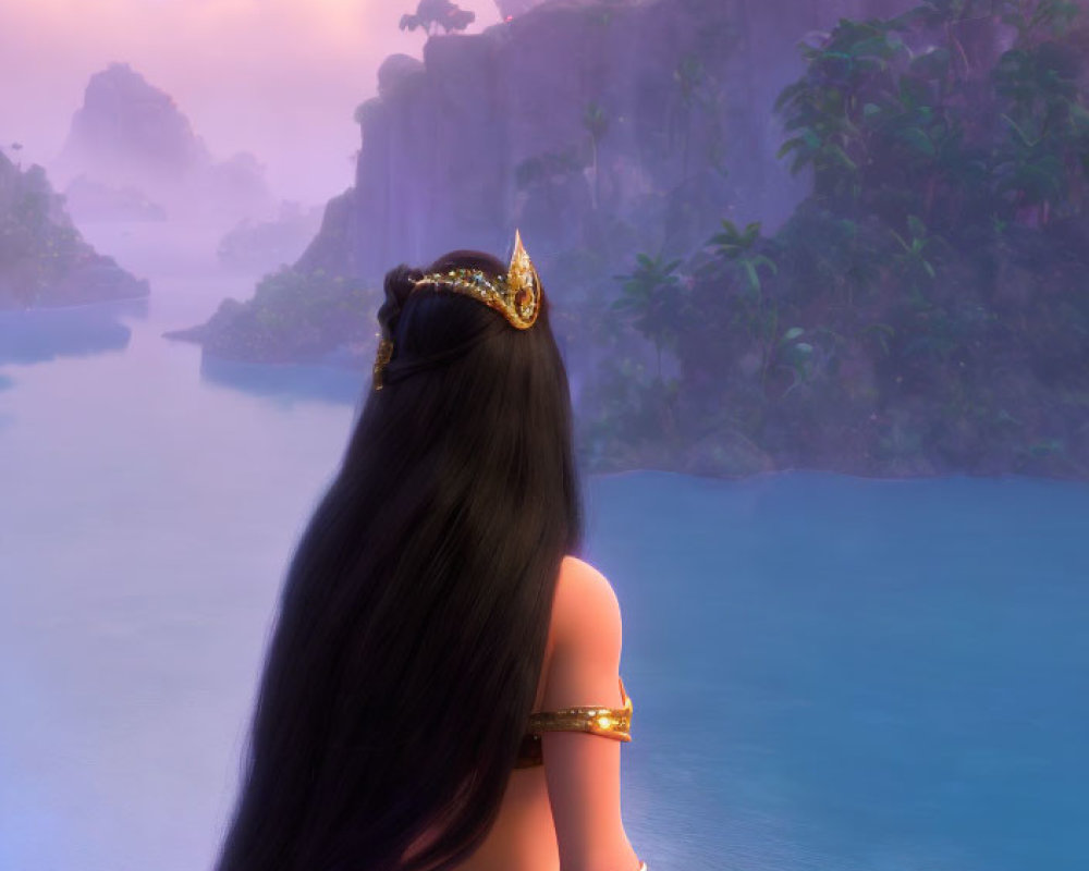 Woman with Long Black Hair and Golden Crown in Serene Landscape at Twilight