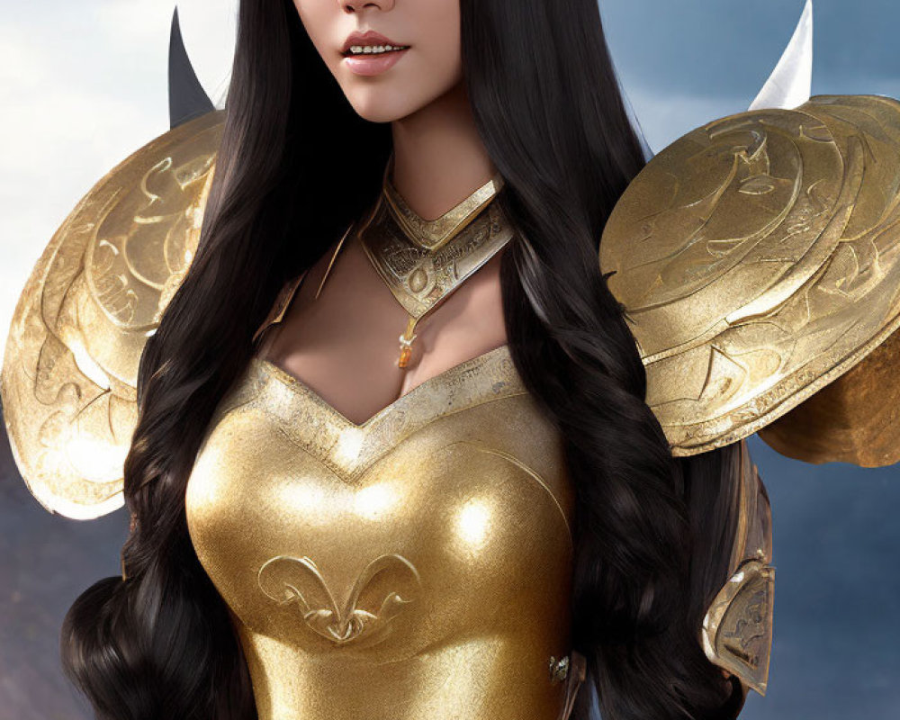 Woman in Golden Fantasy Armor with Long Black Hair