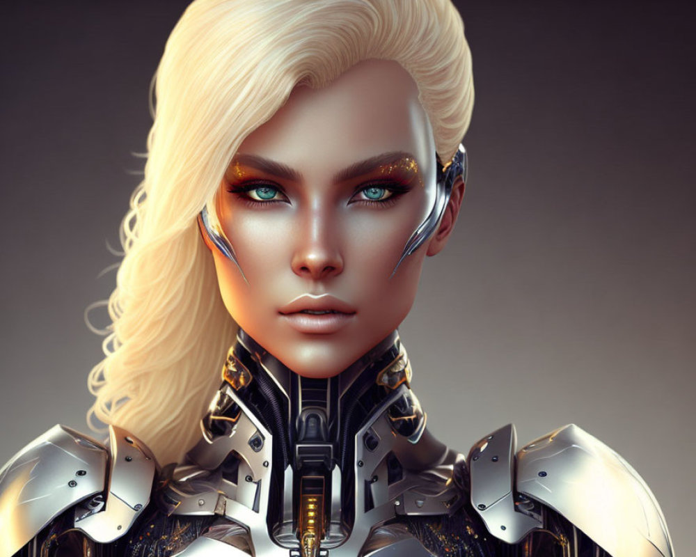 Digital artwork of woman with platinum blonde hair and blue eyes in futuristic armor.