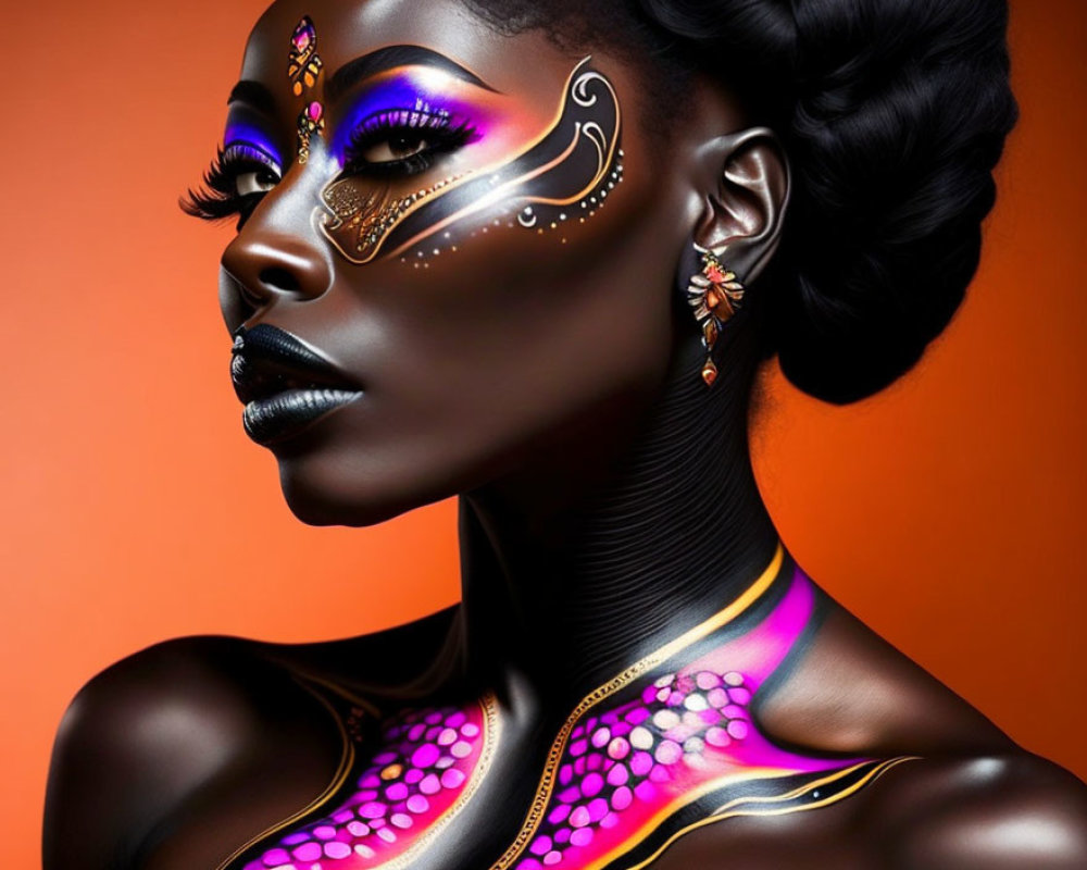 Vibrant body art portrait of a woman with intricate designs on face and neck