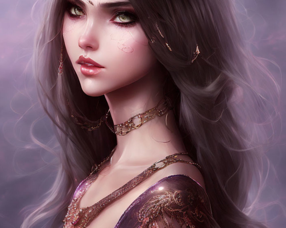 Digital artwork features woman with wavy gray hair, green eyes, purple dress with gold accents.