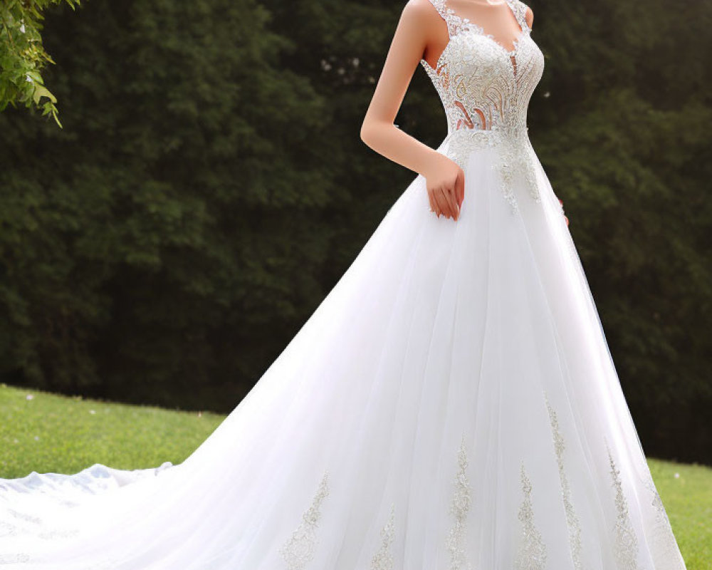 Elegant woman in white lace wedding gown with tiara, standing on grass