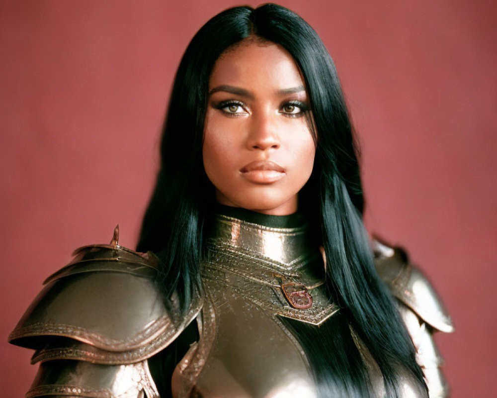 Medieval armored woman with solemn expression on red backdrop