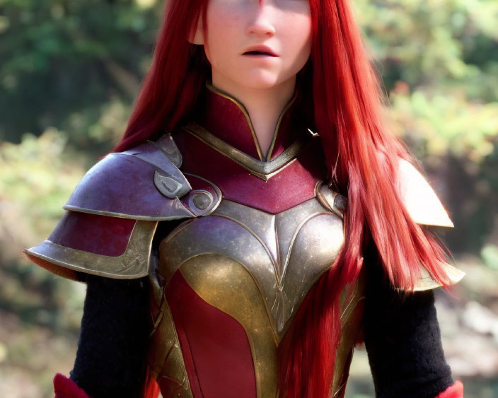 Red-Haired Animated Character in Medieval Armor Suit in Forest Setting