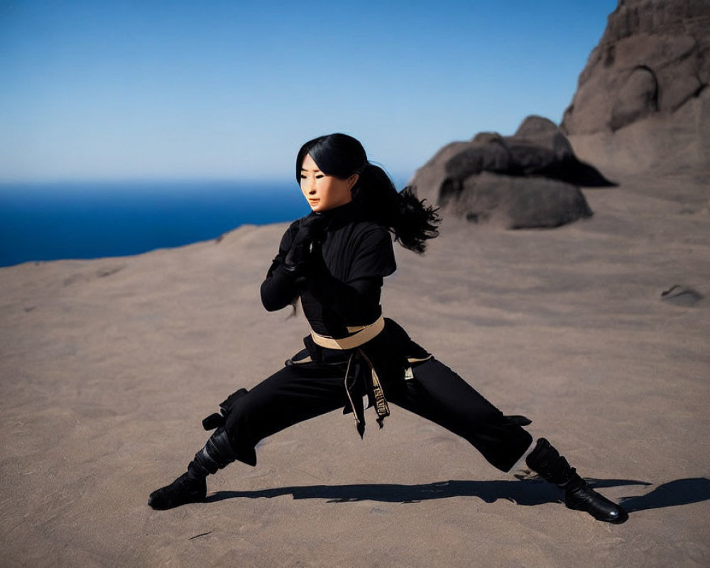 Person in Black Martial Arts Outfit Poses on Sandy Terrain