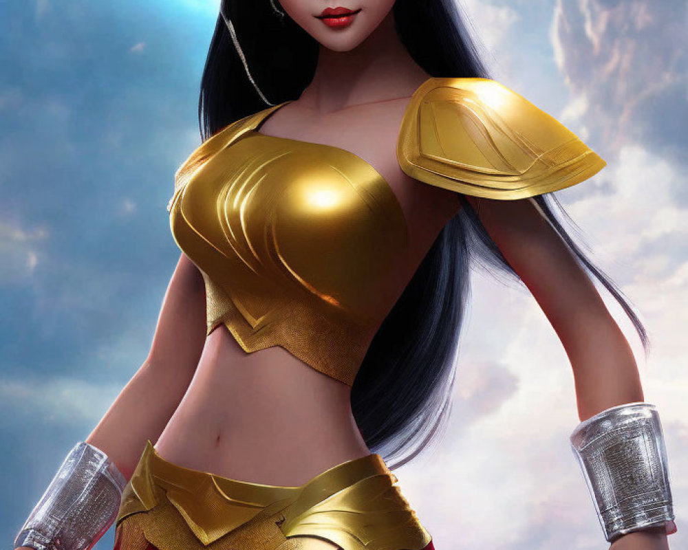 Female warrior illustration in golden armor with tiara, red skirt, and silver bracers on sky background