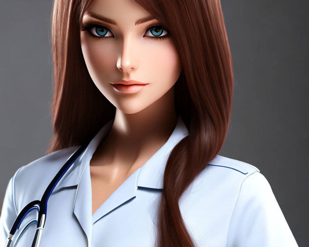 Female character with long brown hair in nurse's outfit and stethoscope.