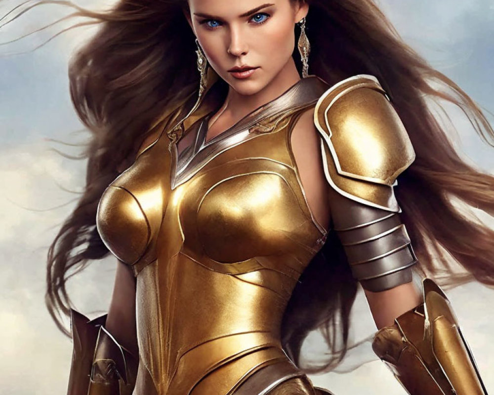 Striking blue-eyed woman in golden warrior armor