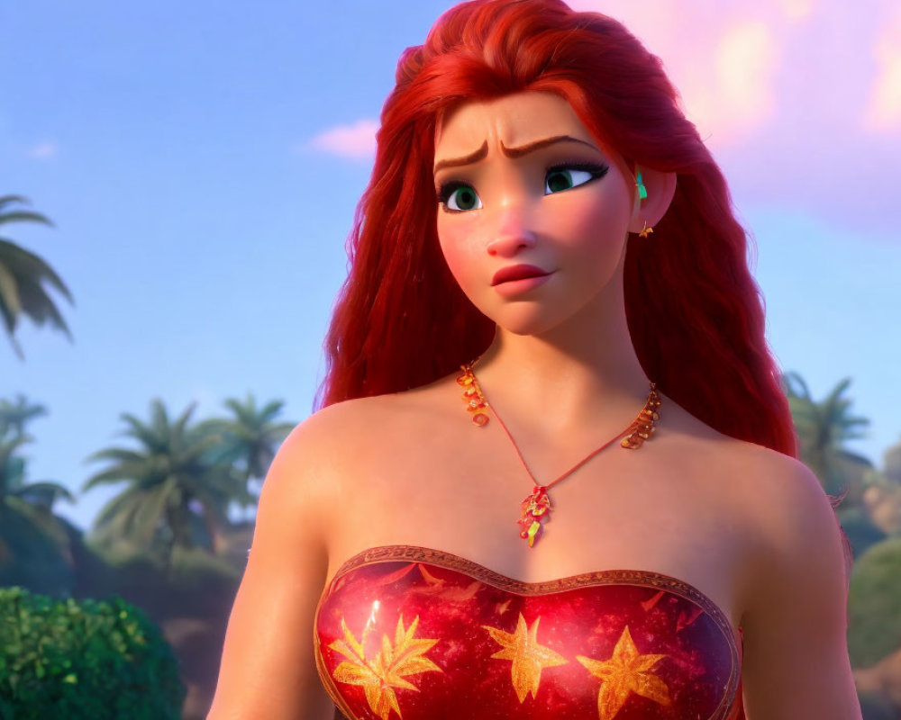 Red-haired animated female character in red top with star patterns and green earrings, appearing concerned in tropical setting