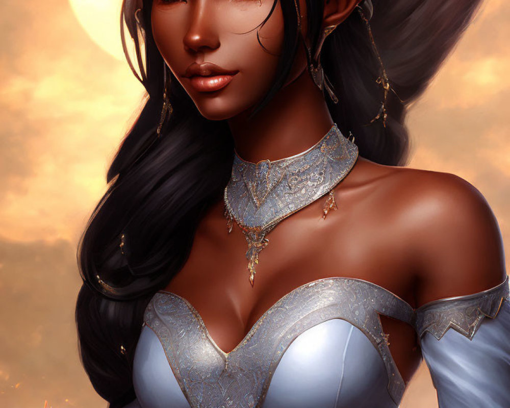 Blue-skinned elf woman in silver armor against warm backdrop