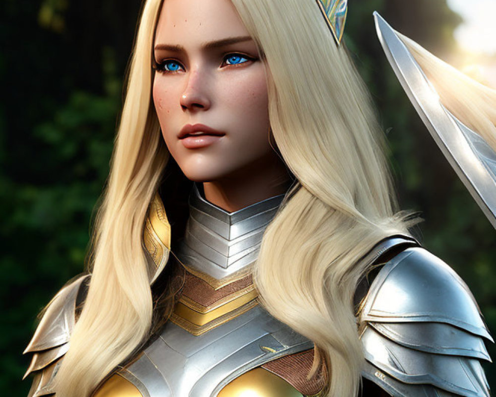 Blonde Elf in Silver and Gold Armor in Sunlit Forest