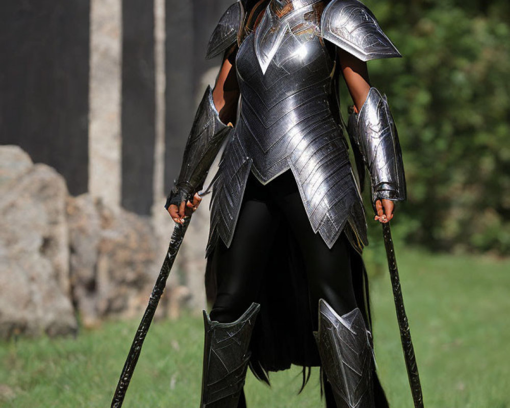 Female warrior in silver armor with swords in grassy landscape.