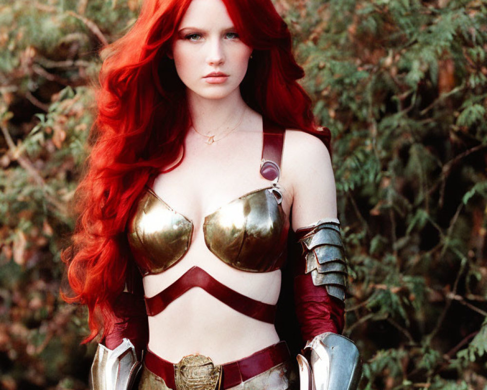 Red-haired person in gold and red fantasy armor costume against green foliage