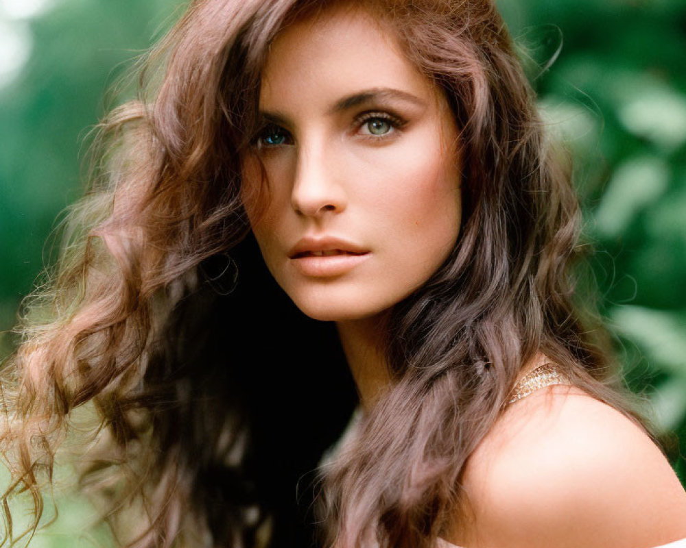 Woman with Long Wavy Brown Hair and Subtle Makeup in Soft-Focus Greenery Background