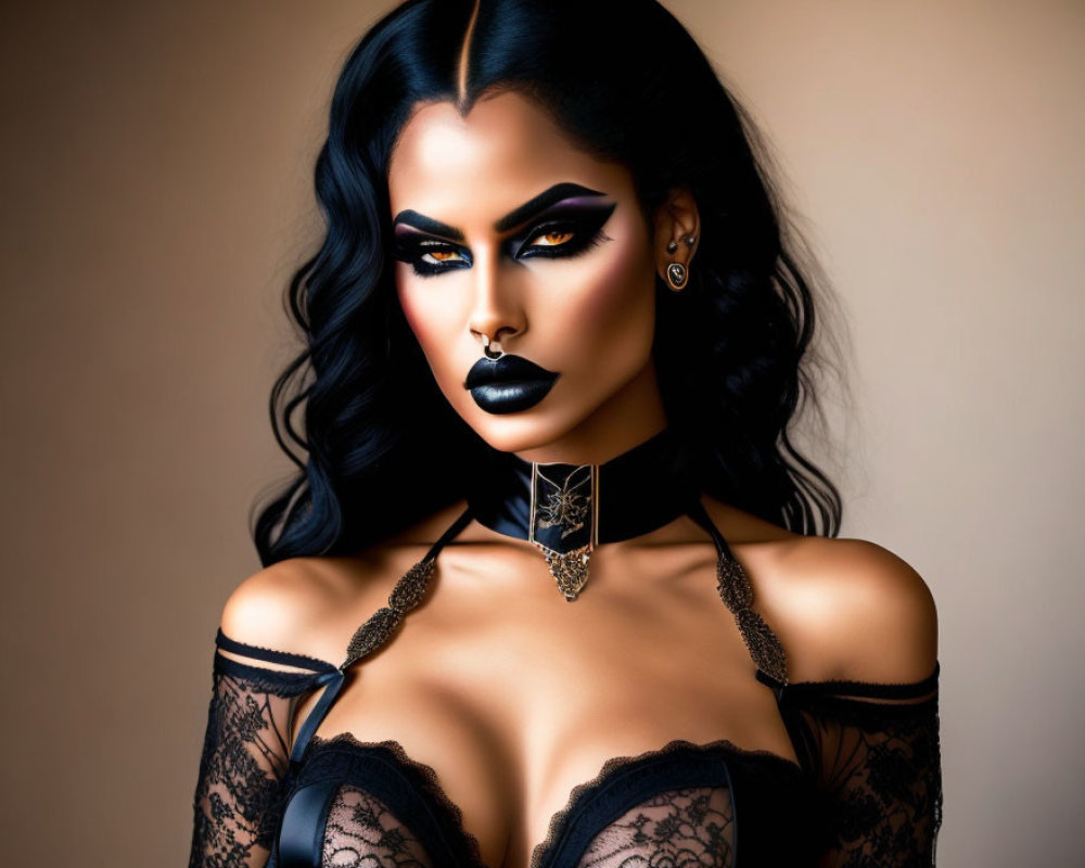 Digital artwork: Woman with dramatic black makeup, choker, lace garments, and gothic style.