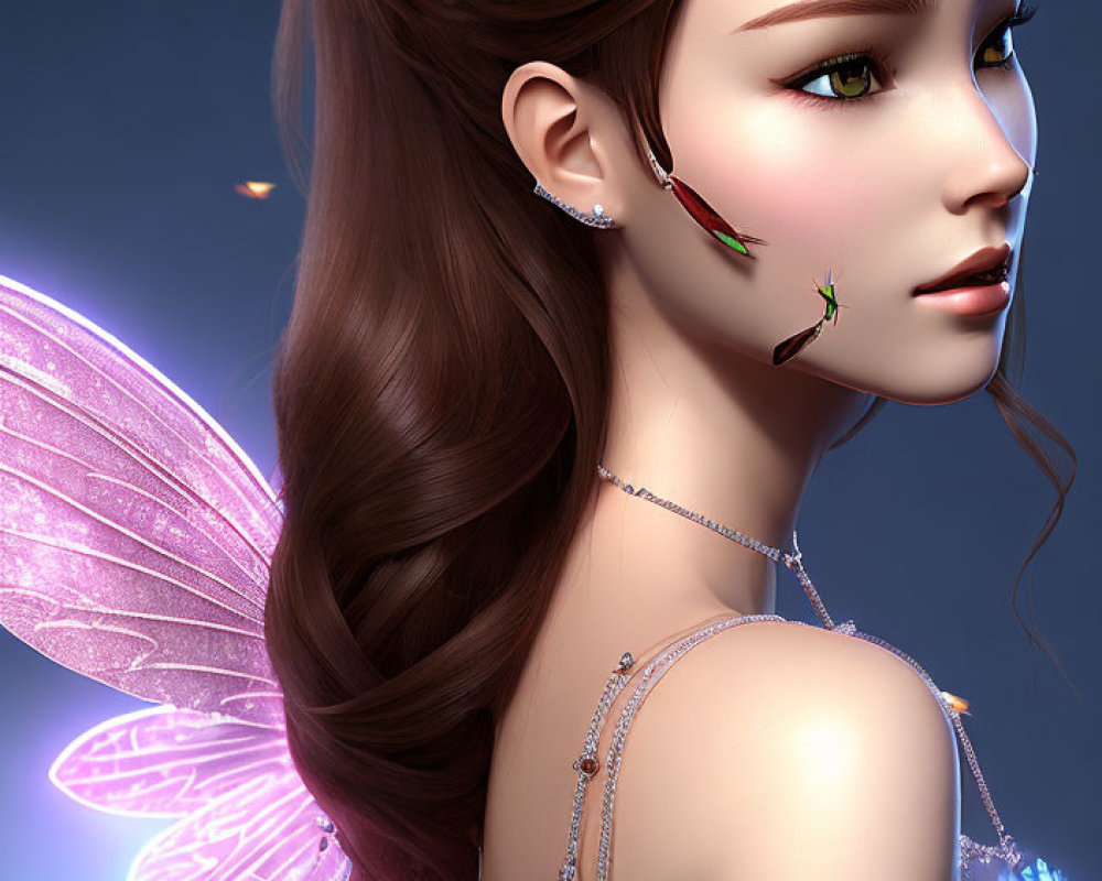 Fantastical fairy digital artwork with pink wings and floral accessories