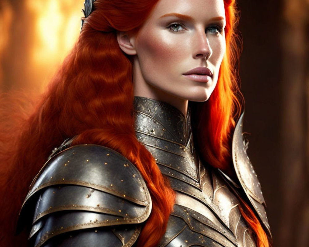 Red-Haired Warrior in Detailed Armor with Arrow-Shaped Earring