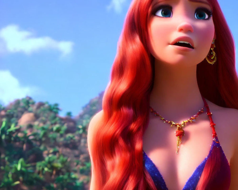 Red-haired animated character in blue and red bikini top with gold jewelry looks up worriedly.