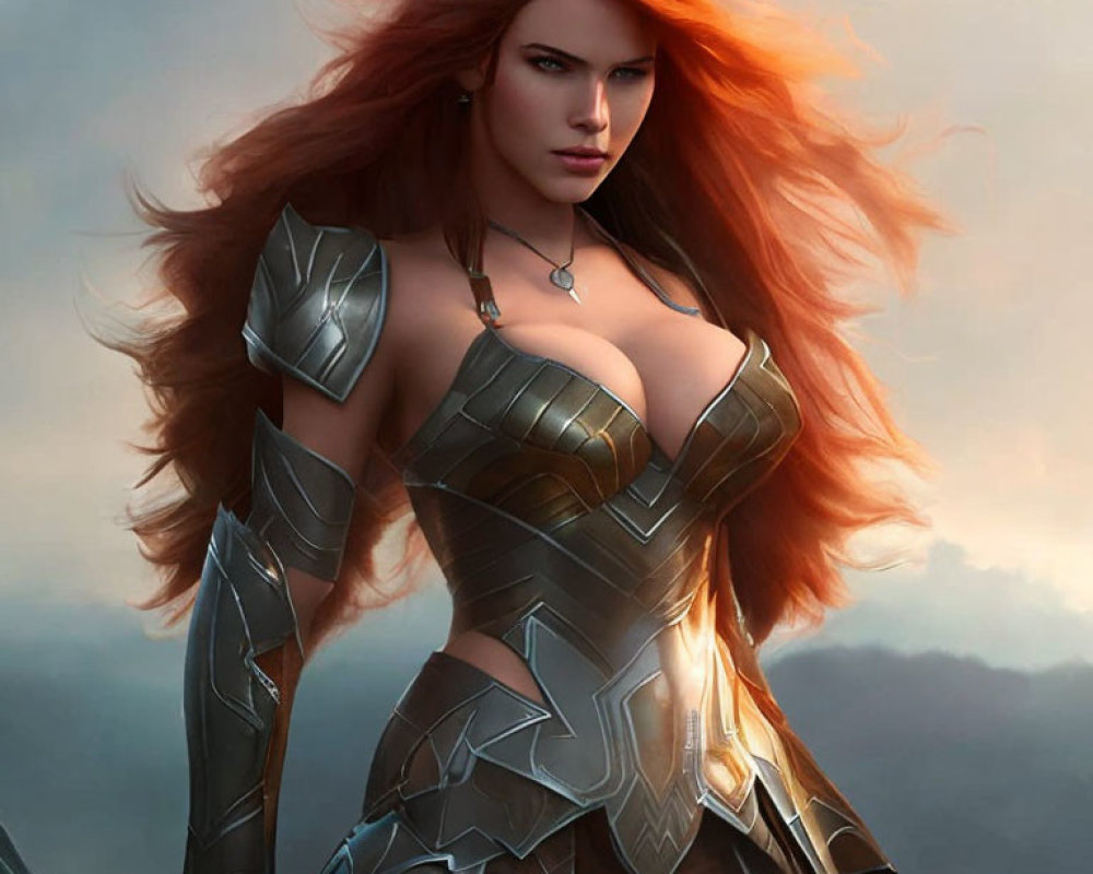 Female warrior in silver armor with red hair and pendant against cloudy sky