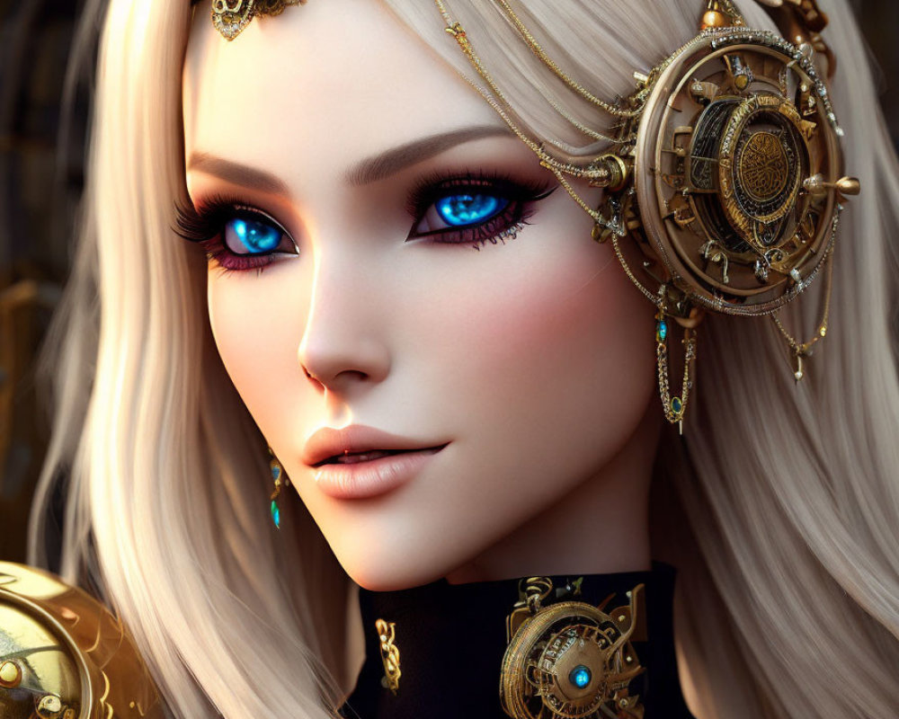 Digital artwork featuring female character with blue eyes, platinum blonde hair, and intricate golden clockwork headgear